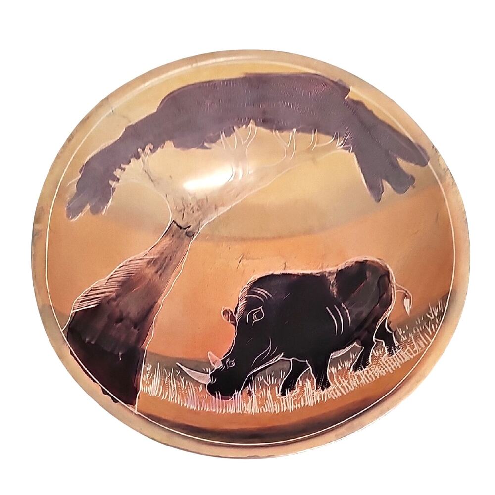 Kenya Artistic Wildlife Rhino Design - Brown Purple Black Soapstone Bowl 6" Dia.